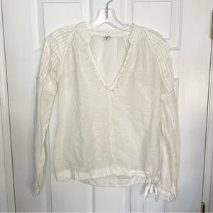Free People Linen Cotton White V Neck Blouse Extra Small